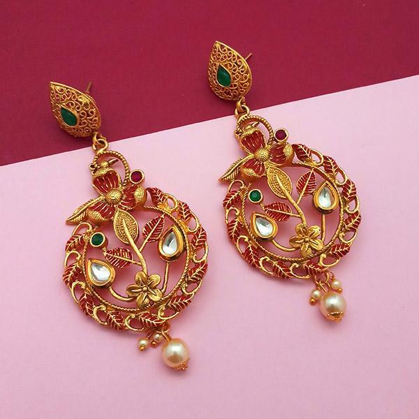 Amina Creation Gold Plated Stone And Green Meenakari Copper Matte Dangler Earrings - 1313119A