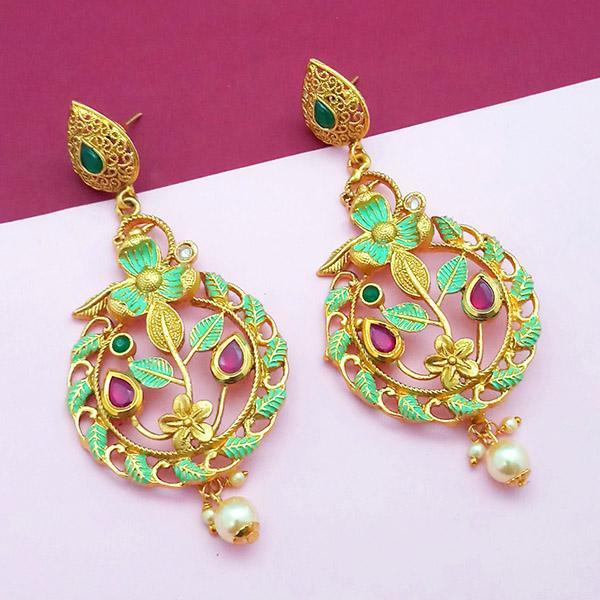 Amina Creation Gold Plated Stone And Green Meenakari Copper Matte Dangler Earrings - 1313119C