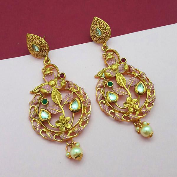 Amina Creation Gold Plated Stone And Pink Meenakari Copper Matte Dangler Earrings - 1313119D