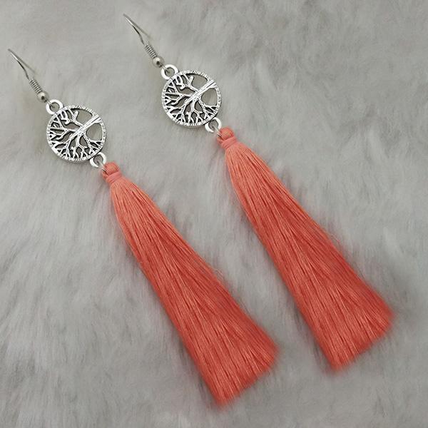 Tip Top Fashions Peach Thread Rhodium Plated Tassel Earrings - 1313322A