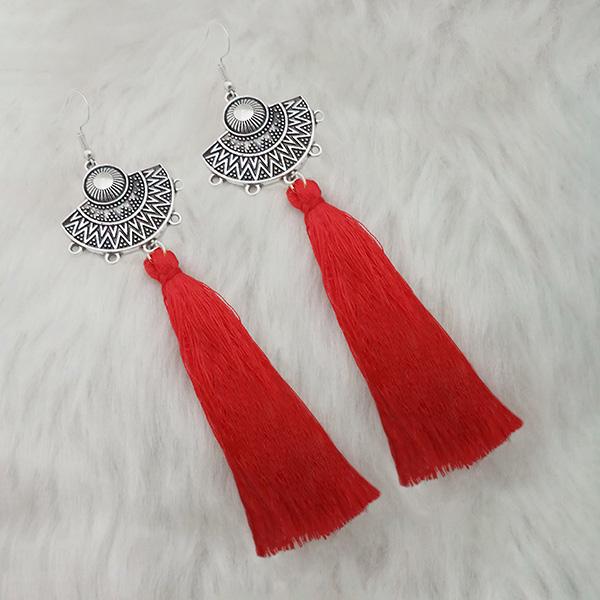 Jeweljunk Red Thread Rhodium Plated Tassel Earrings - 1313324F