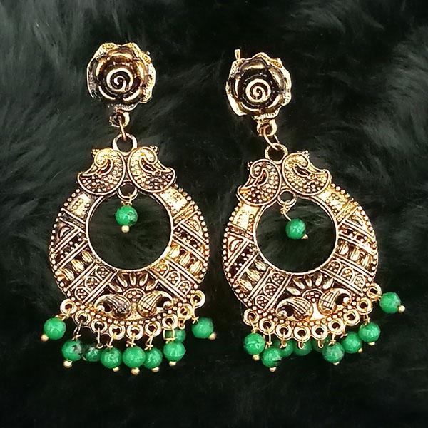 Jeweljunk Green Beads Antique Gold Plated Dangler Earrings - 1313503C