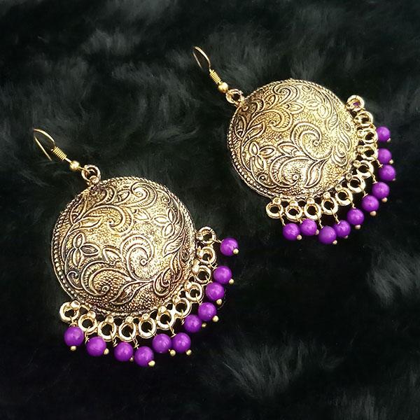 Jeweljunk Purple Beads Antique Gold Plated Dangler Earrings - 1313512B