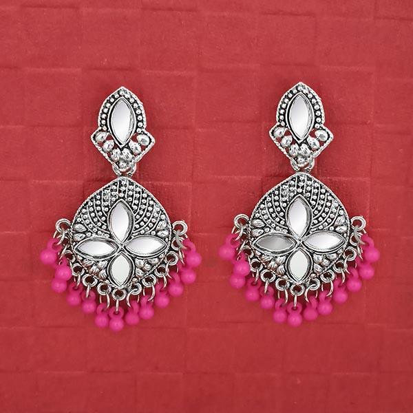 Jeweljunk Silver Plated Pink Beads Mirror Dangler Earrings - 1314748A
