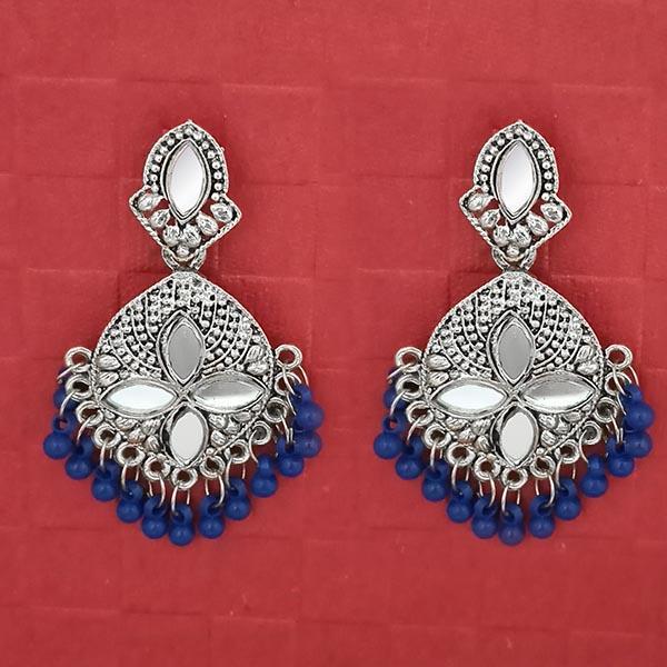 Jeweljunk Silver Plated Blue Beads Mirror Dangler Earrings - 1314748H