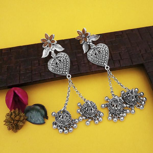 Jeweljunk Oxidised Plated Brown Stone Chain Jhumki Earrings