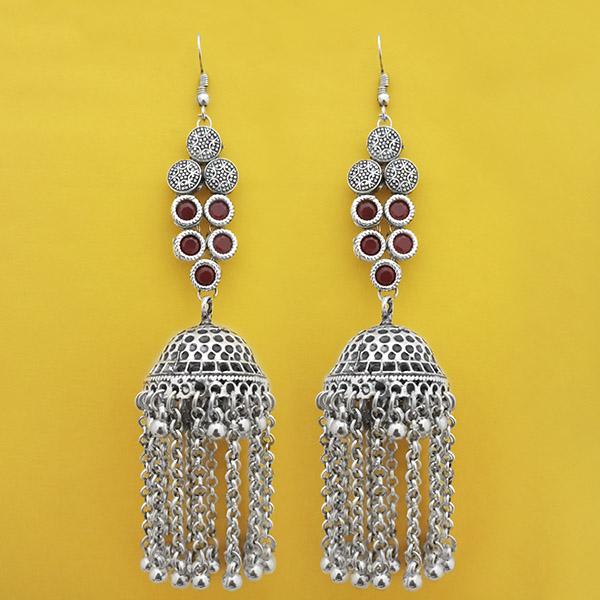 Jeweljunk Oxidised Plated Maroon Stone Chain Jhumki Earrings