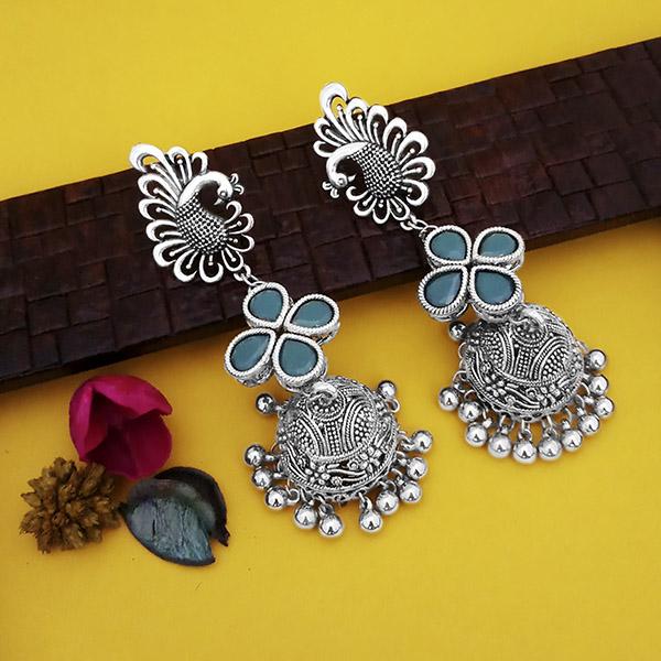 Jeweljunk Oxidised Plated Green Stone Peacock Design Jhumki Earrings