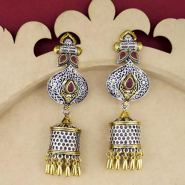 Jeweljunk Maroon Stone Two Tone Plated Dangler Earrings