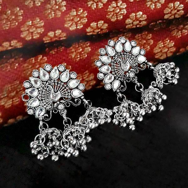 Jeweljunk White Austrian Stone Oxidised Plated Peacock Jhumki Earrings