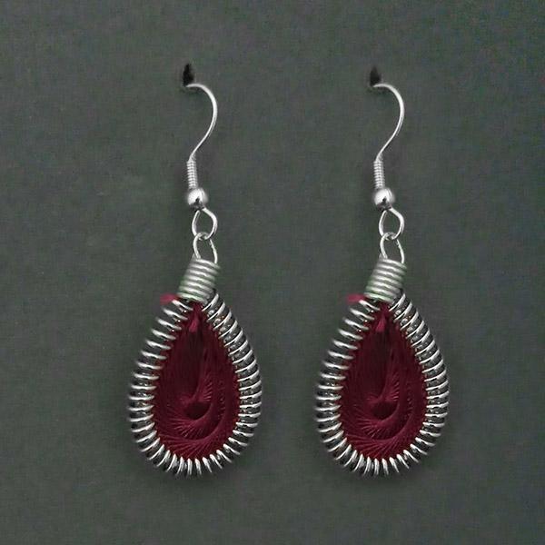 Tip Top Fashions Rhodium Plated Maroon Thread Dangler Earrings  - 1316101J