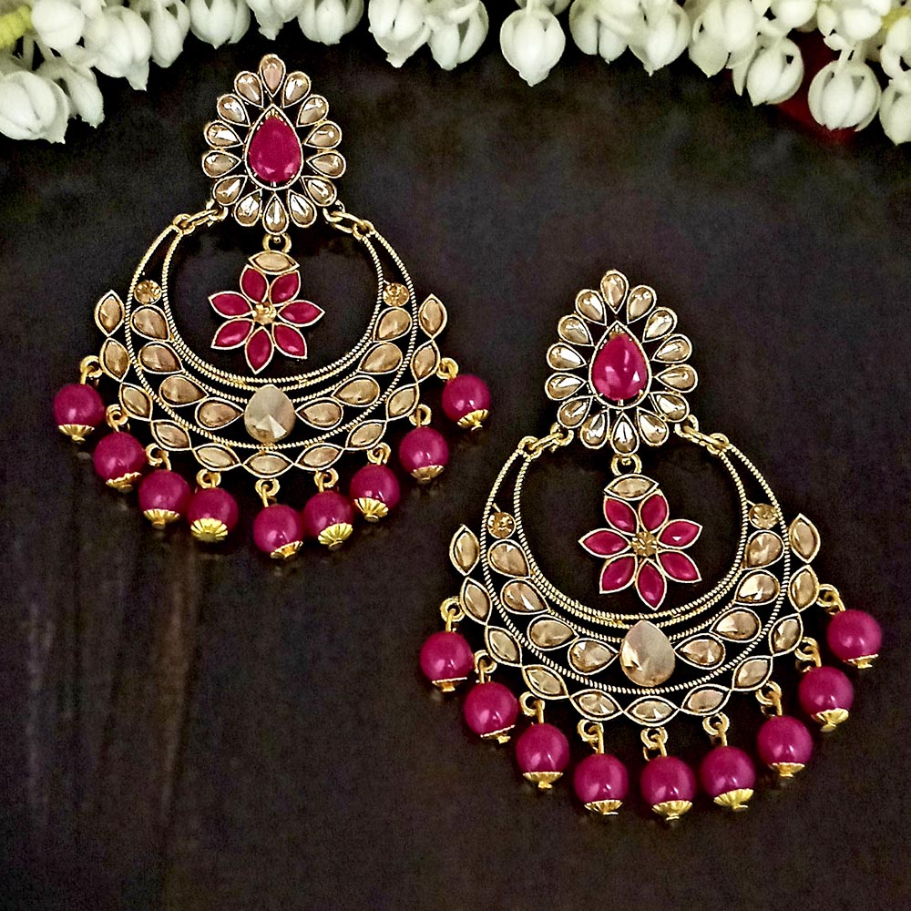 JD Arts Gold Plated Kundan Pink Beads Dangler Earrings