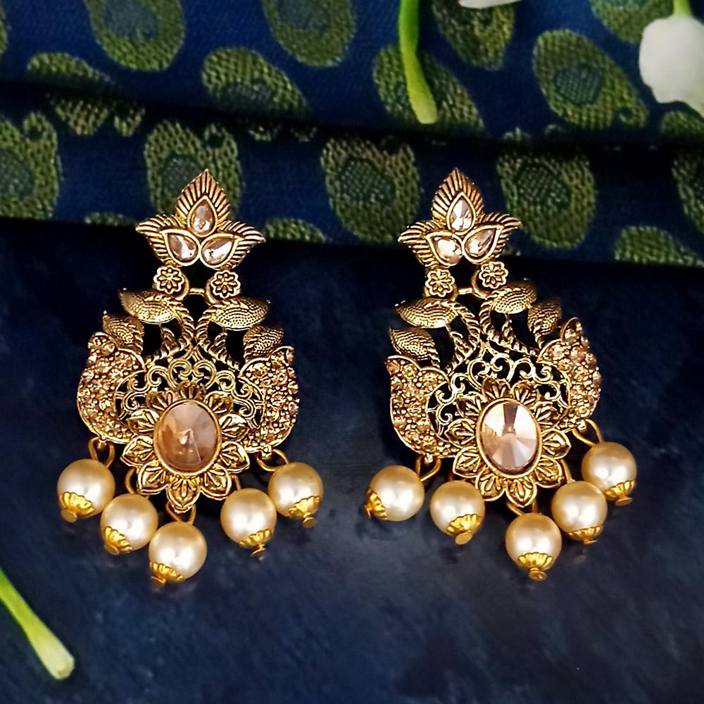 JD Arts Gold Plated White Beads Kundan Stone Dangler Earring - 1317622A