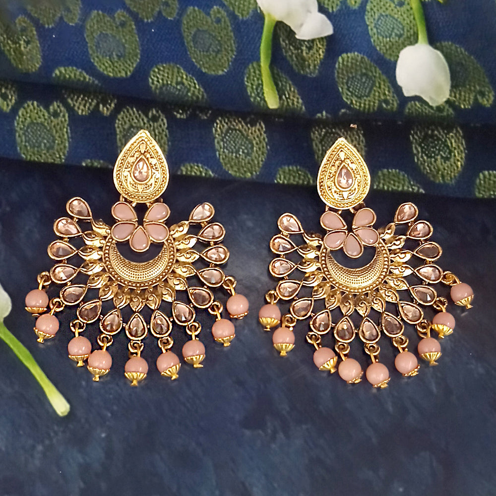 JD Arts Antique Gold Plated Kundan Peach Beads Dangler Earrings