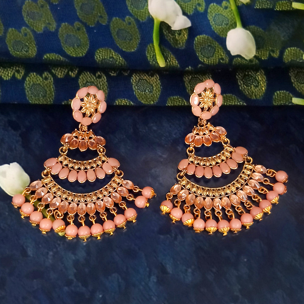 JD Arts Antique Gold Plated Kundan Peach Beads Dangler Earrings