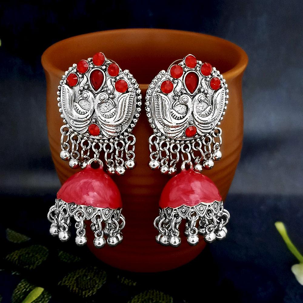 Jeweljunk Red Oxidised Plated Jhumki Earrings -1317809A