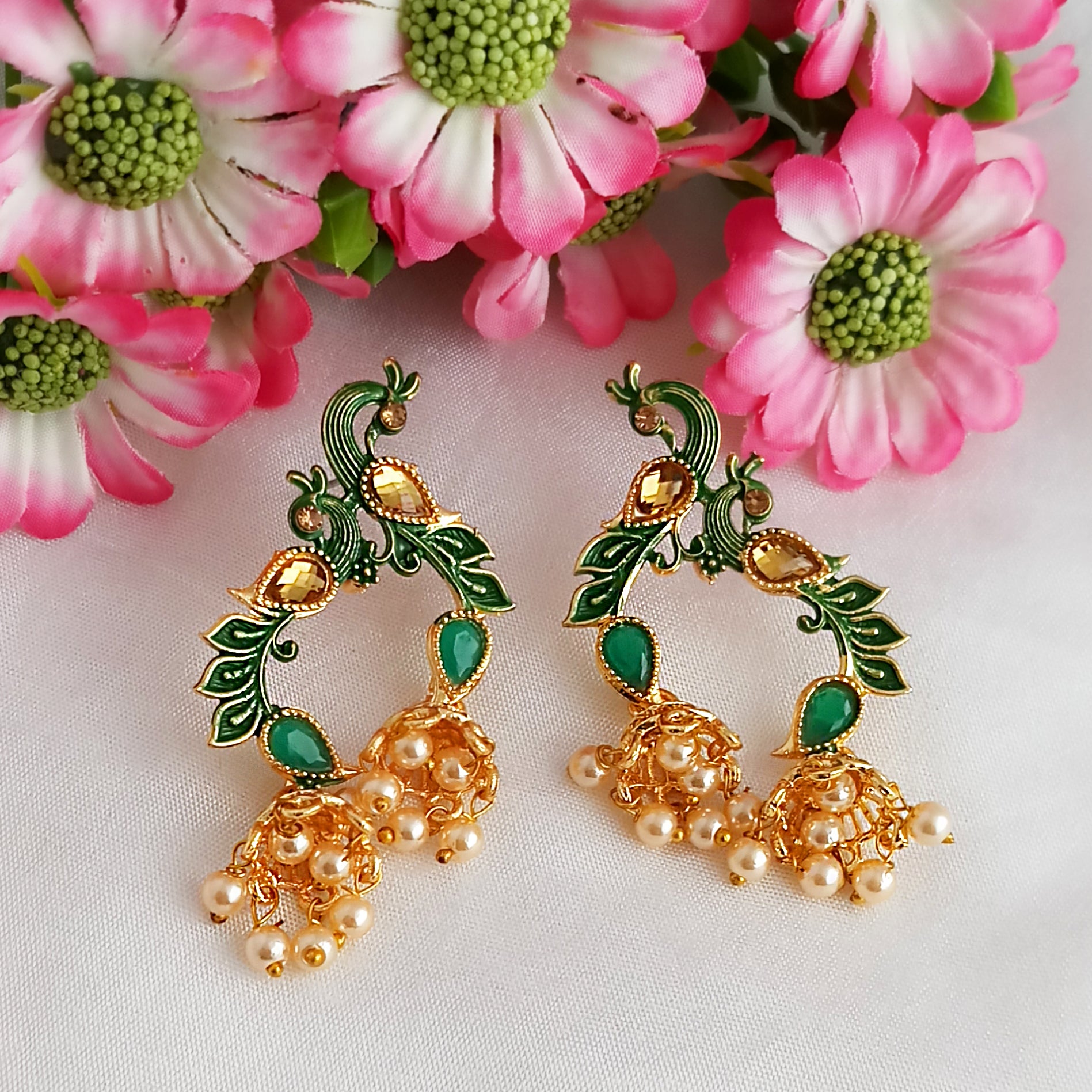 Woma Matte Green Meenakari Kundan Peacock Earrings