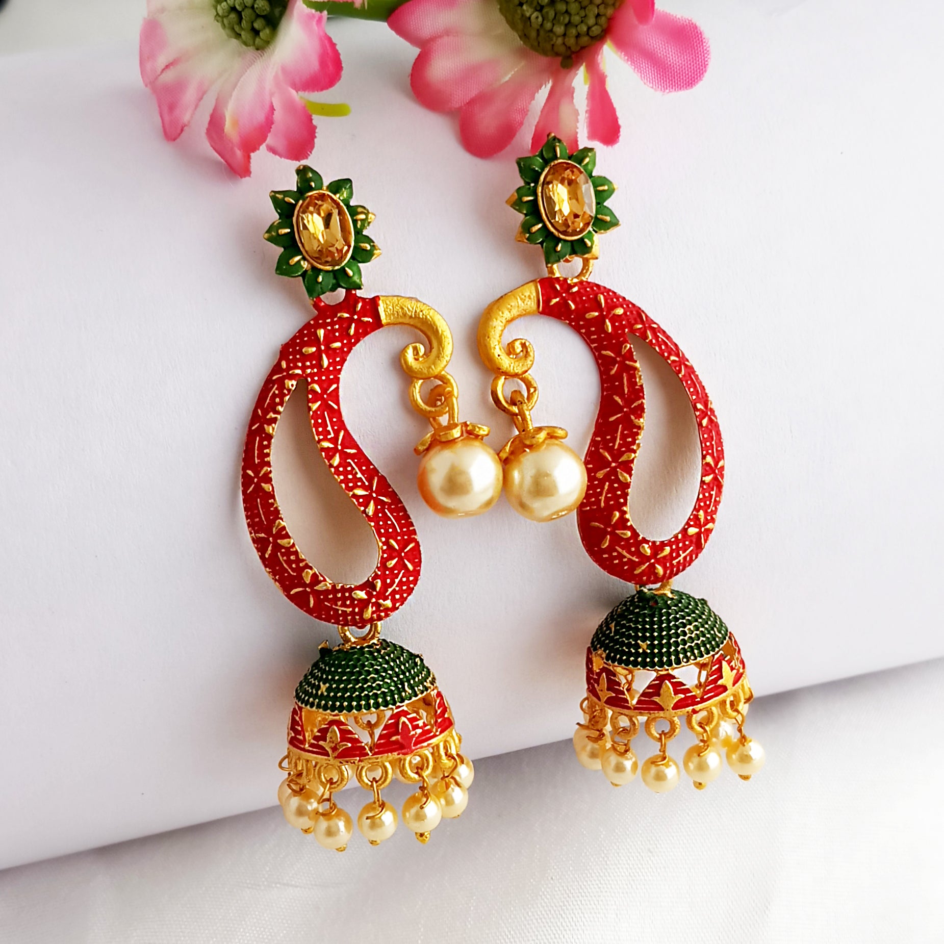 Woma Gold Plated Matte Red Meenakari Jhumka Earrings