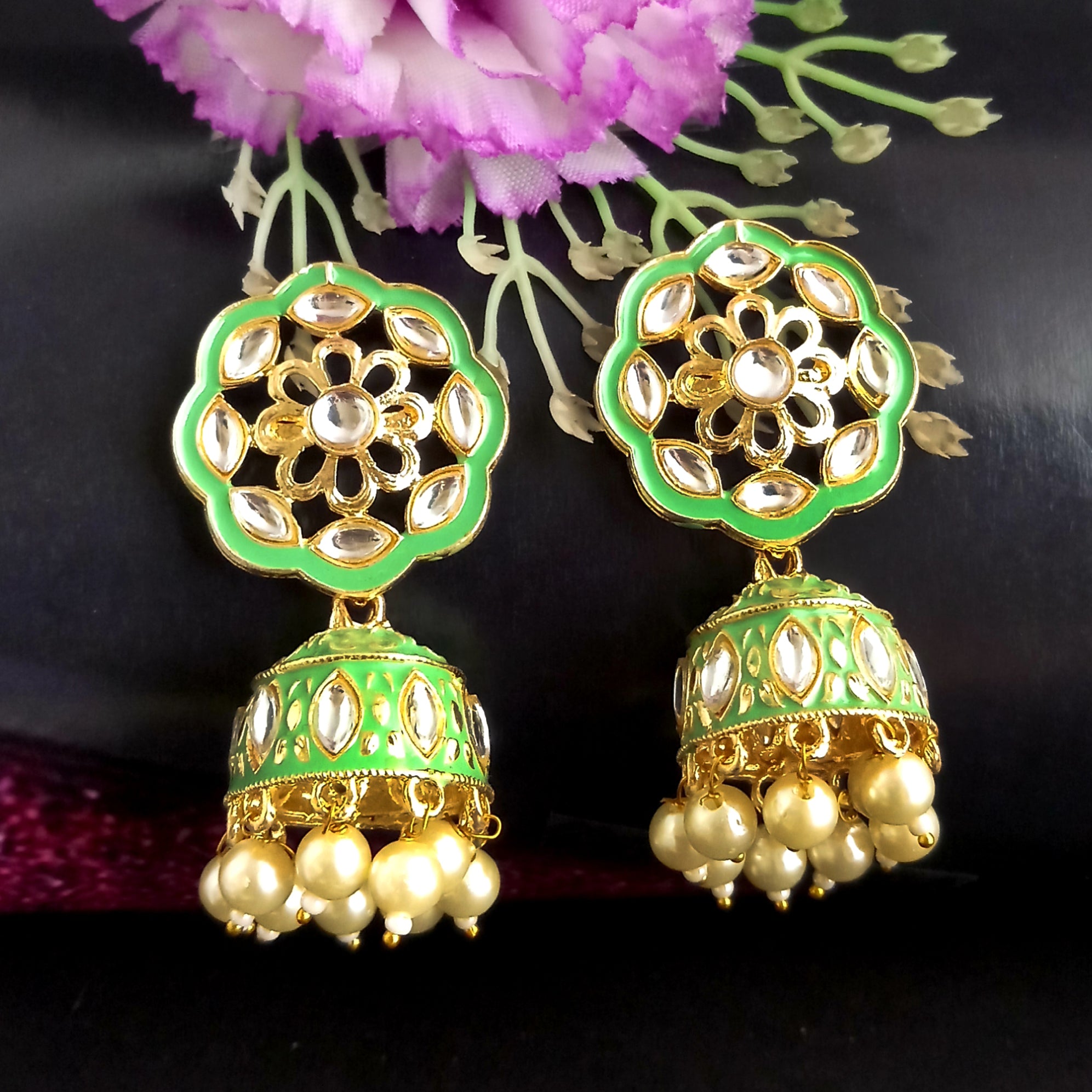 PARSHWAM Light Green Glossy Meenakari Pearl Drop Jhumki