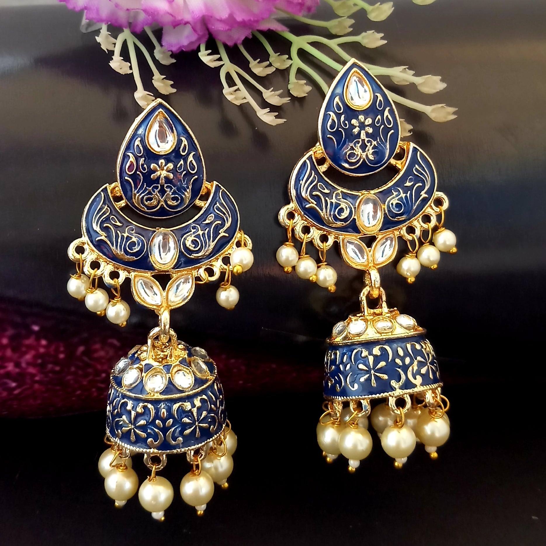 PARSHWAM Blue Glossy Meenakari Pearl Drop Jhumki