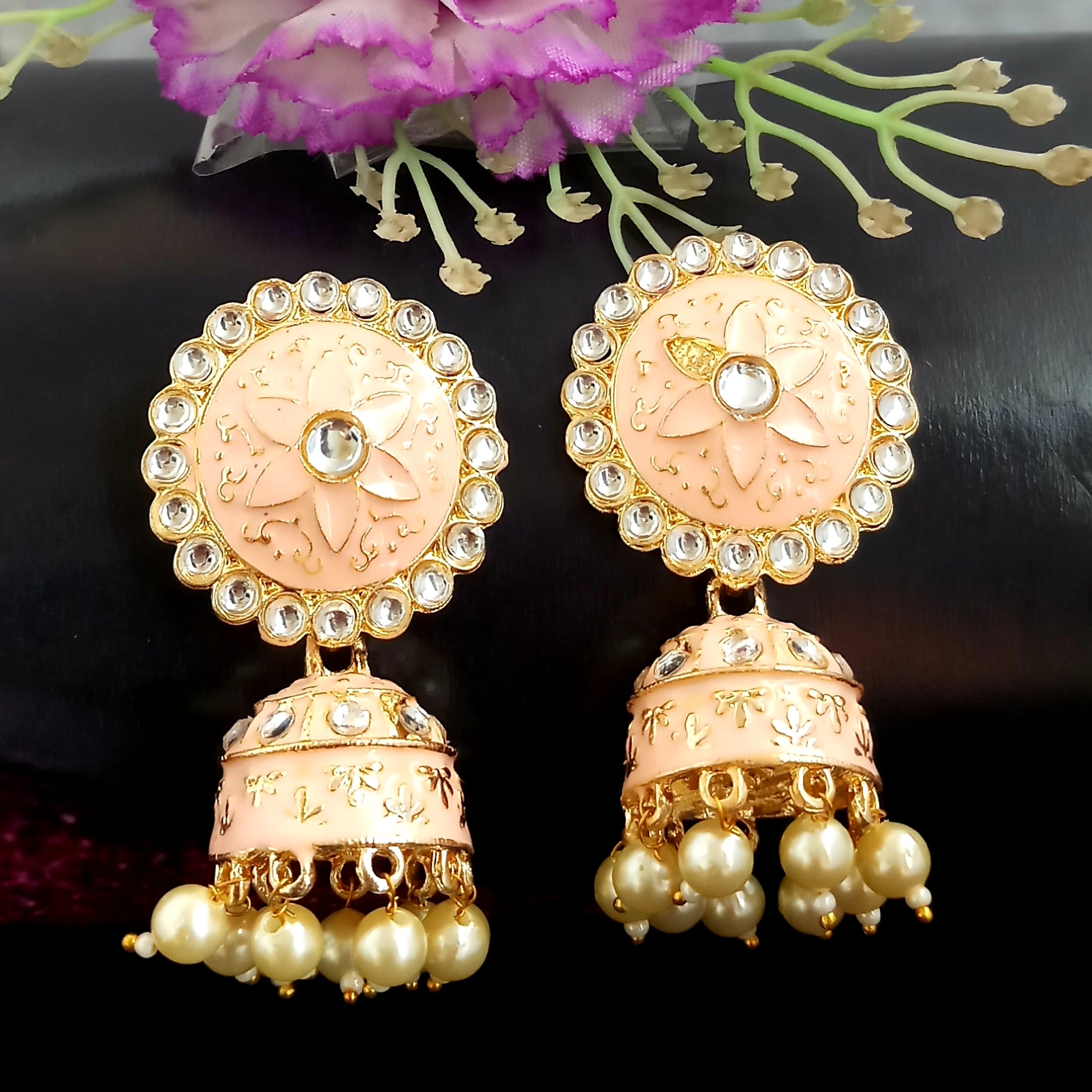 PARSHWAM Peach Glossy Meenakari Pearl Drop Jhumki