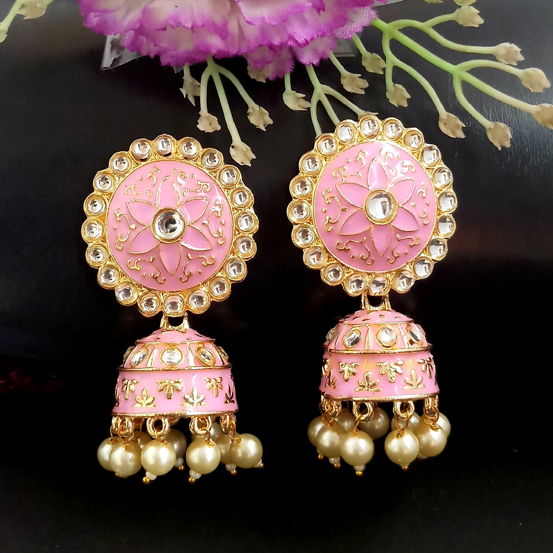 PARSHWAM Light Pink Glossy Meenakari Pearl Drop Jhumki