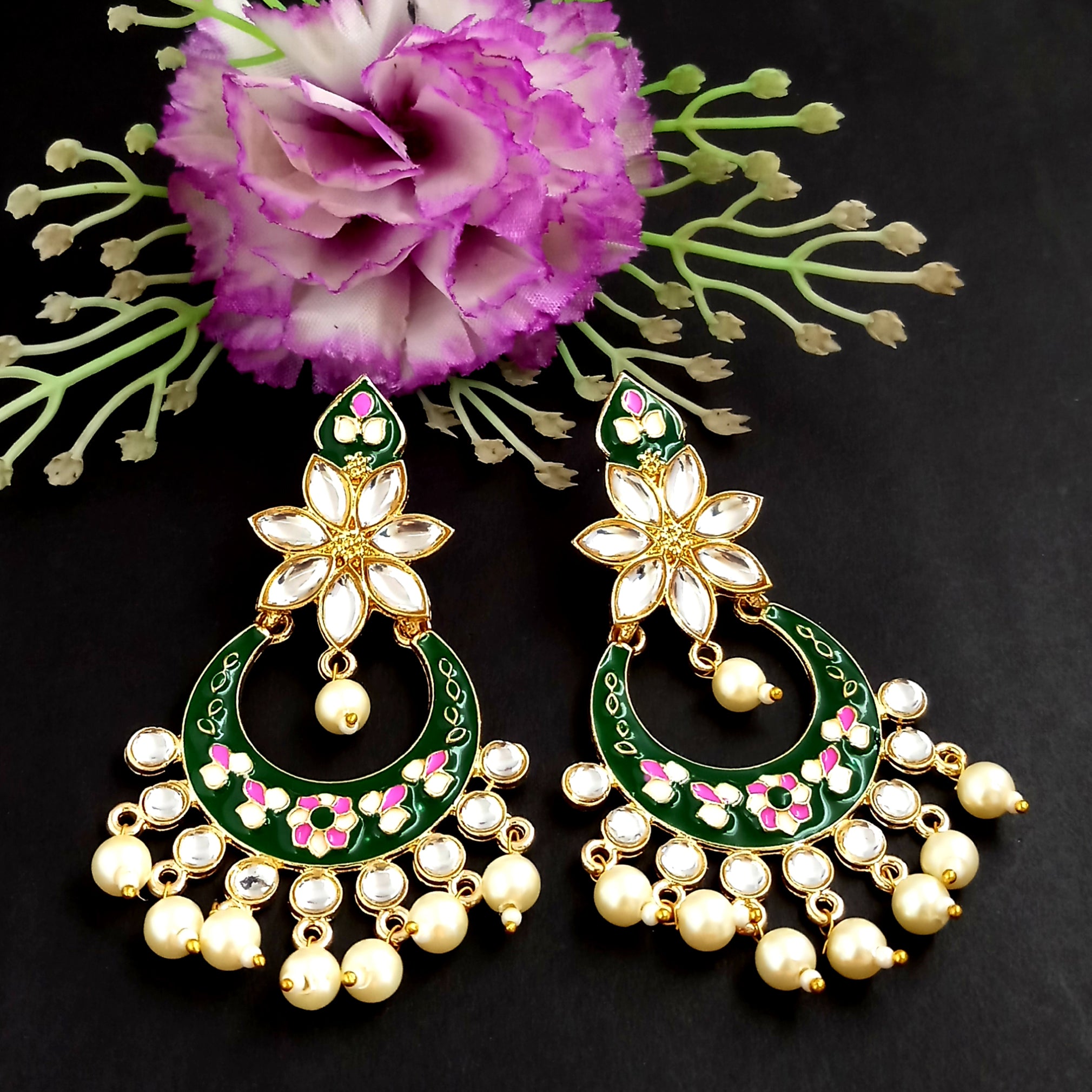 PARSHWAM Dark Green Glossy Meenakari Pearl Drop Earring