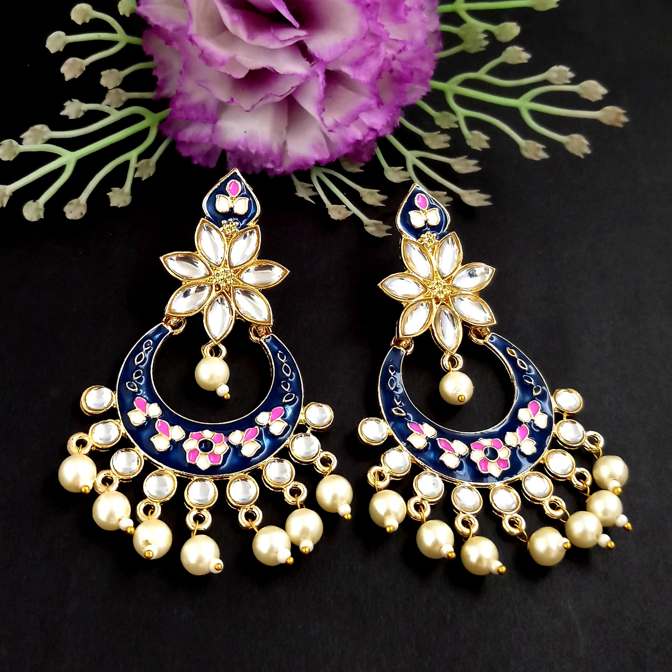 PARSHWAM Blue Glossy Meenakari Pearl Drop Earring