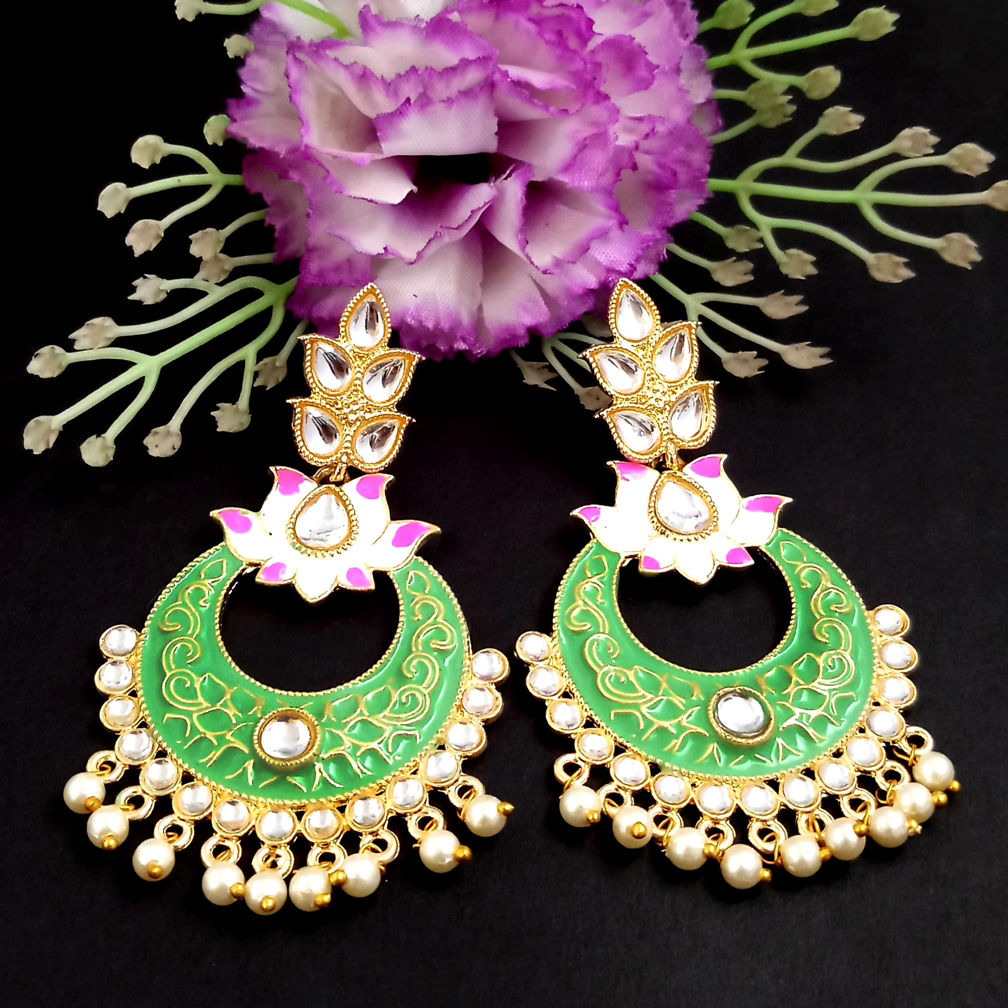 PARSHWAM Light Green Glossy Meenakari Pearl Drop Jhumki