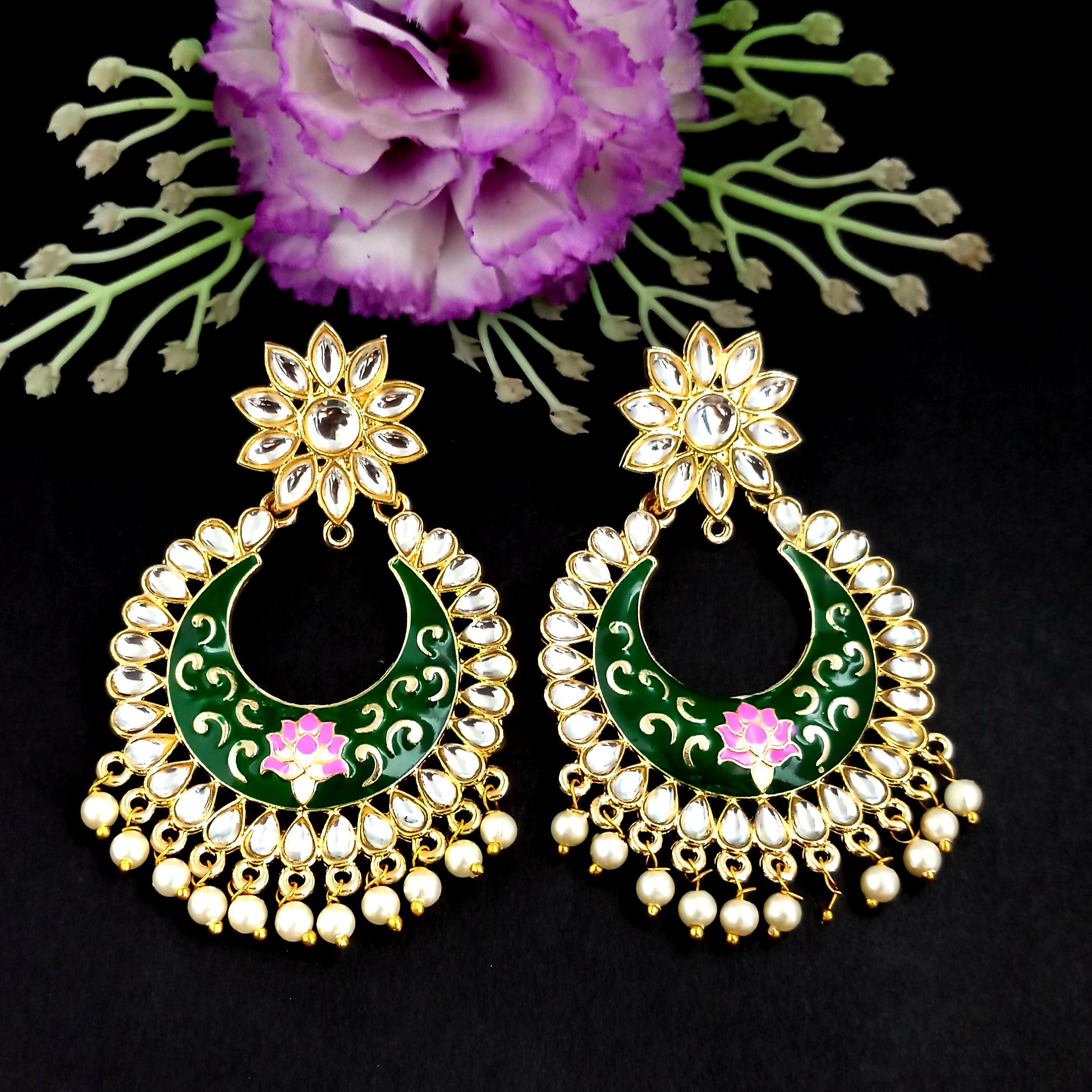 PARSHWAM Dark Green Glossy Meenakari Pearl Drop Jhumki