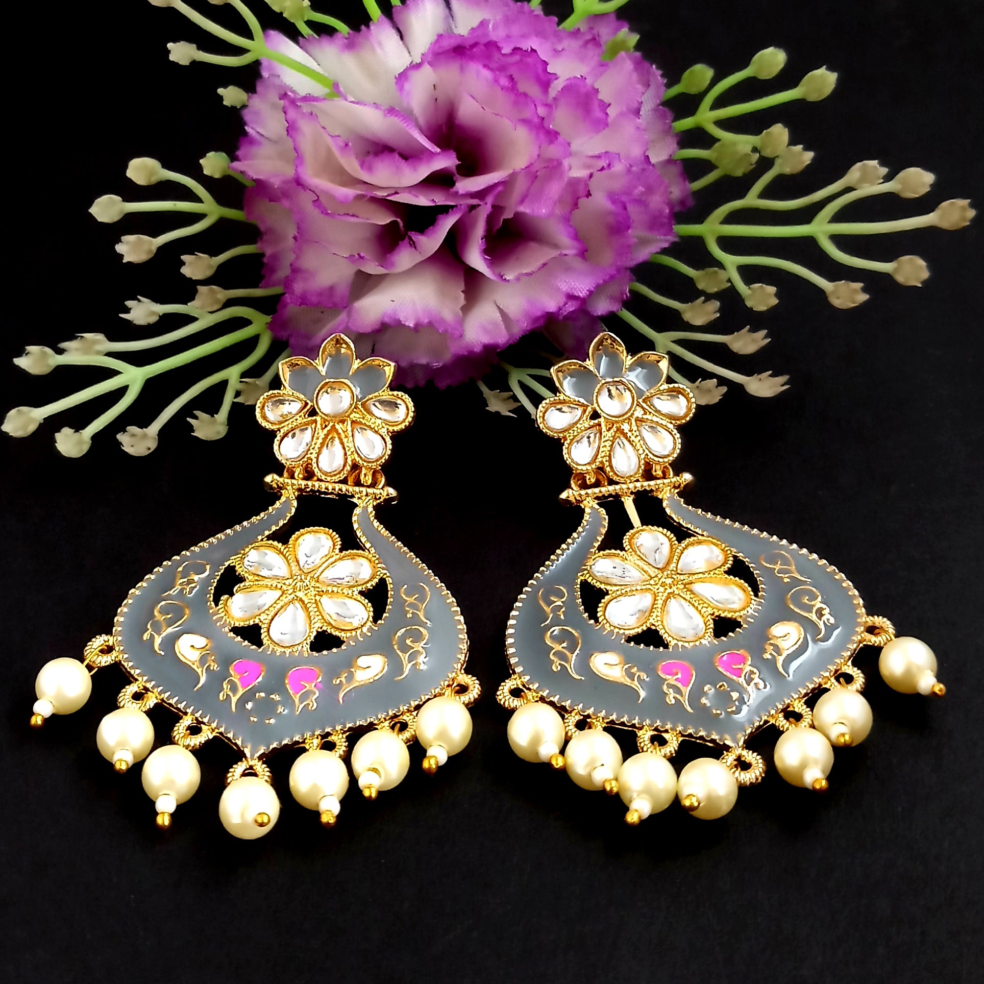 PARSHWAM Grey Glossy Meenakari Pearl Drop Jhumki