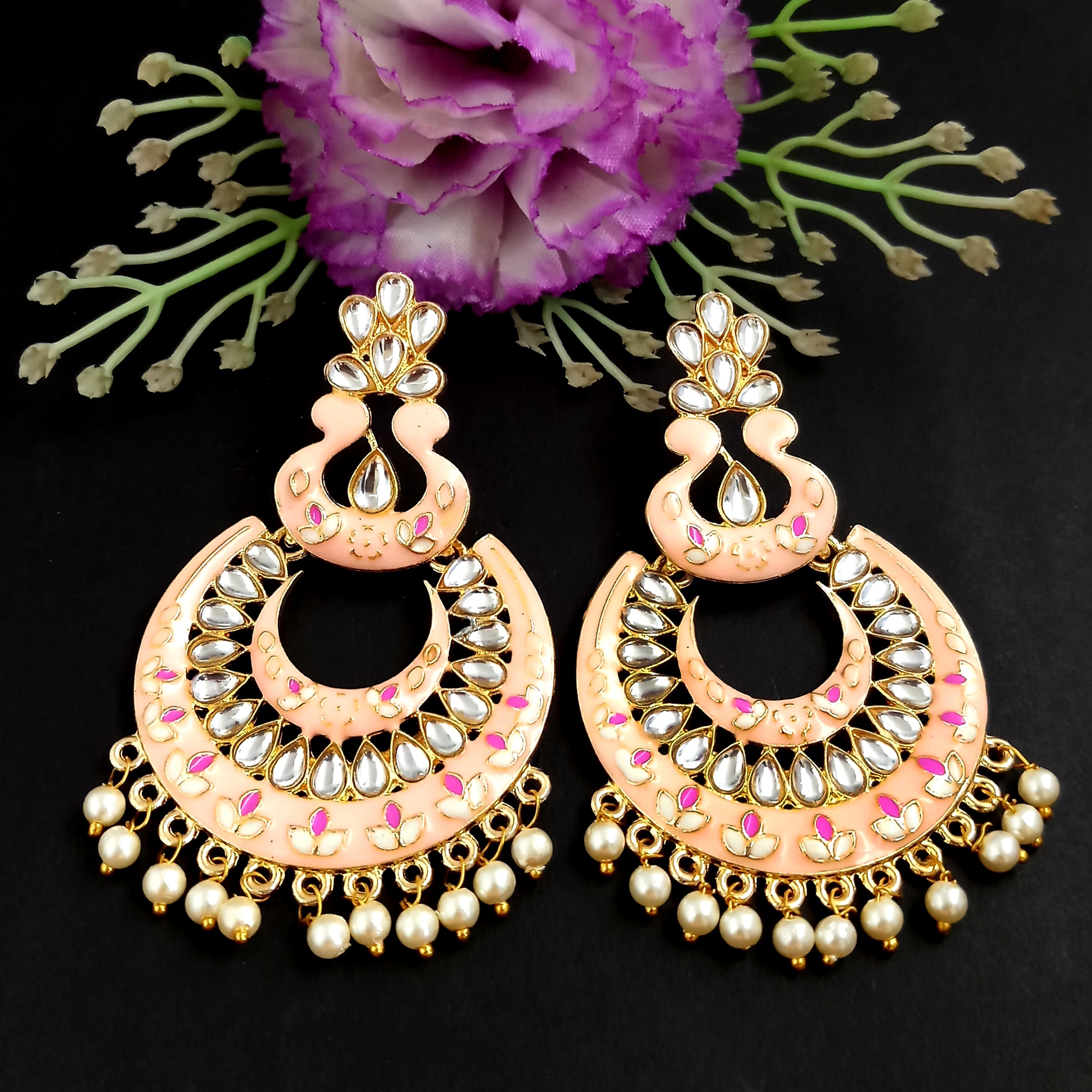 PARSHWAM Peach Glossy Meenakari Pearl Drop Jhumki