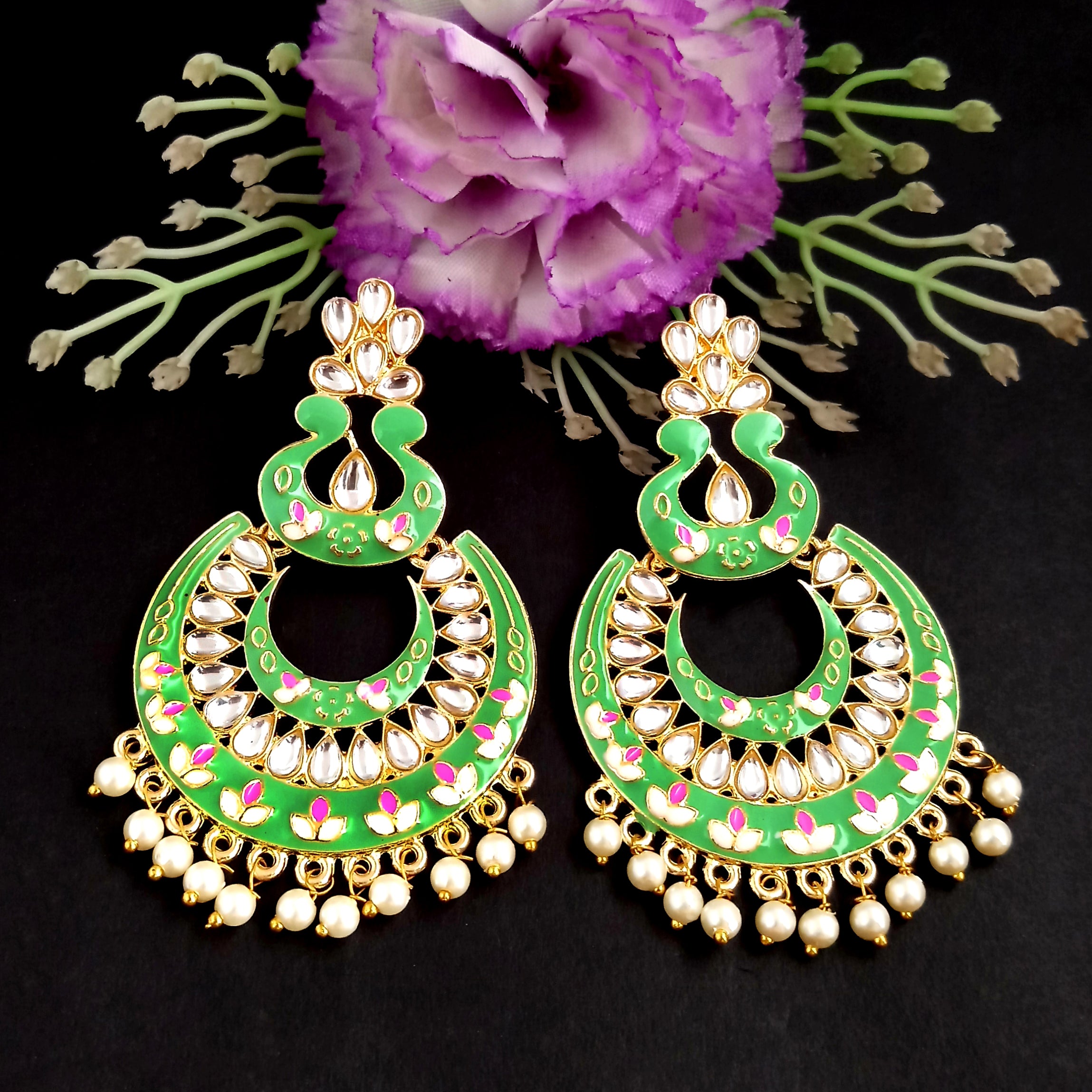 PARSHWAM Light Green Glossy Meenakari Pearl Drop Jhumki