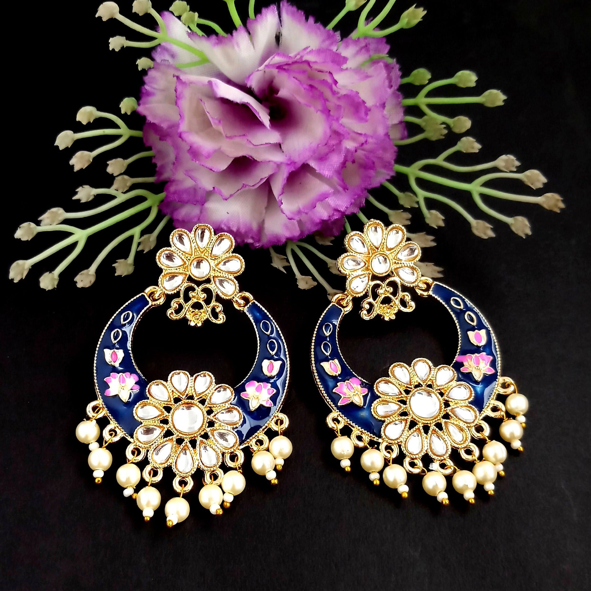 PARSHWAM Blue Glossy Meenakari Pearl Drop Jhumki