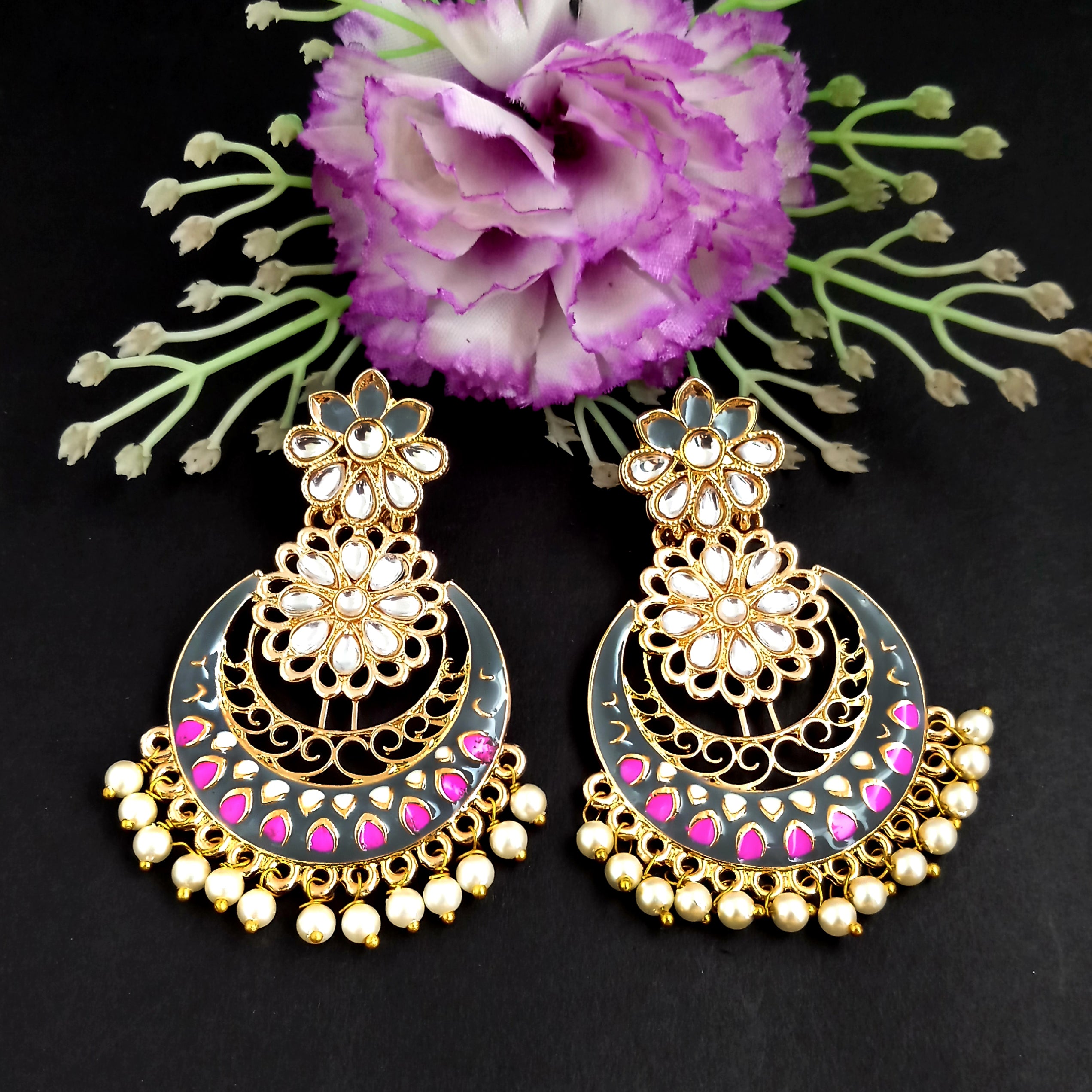 PARSHWAM Grey Glossy Meenakari Pearl Drop Jhumki