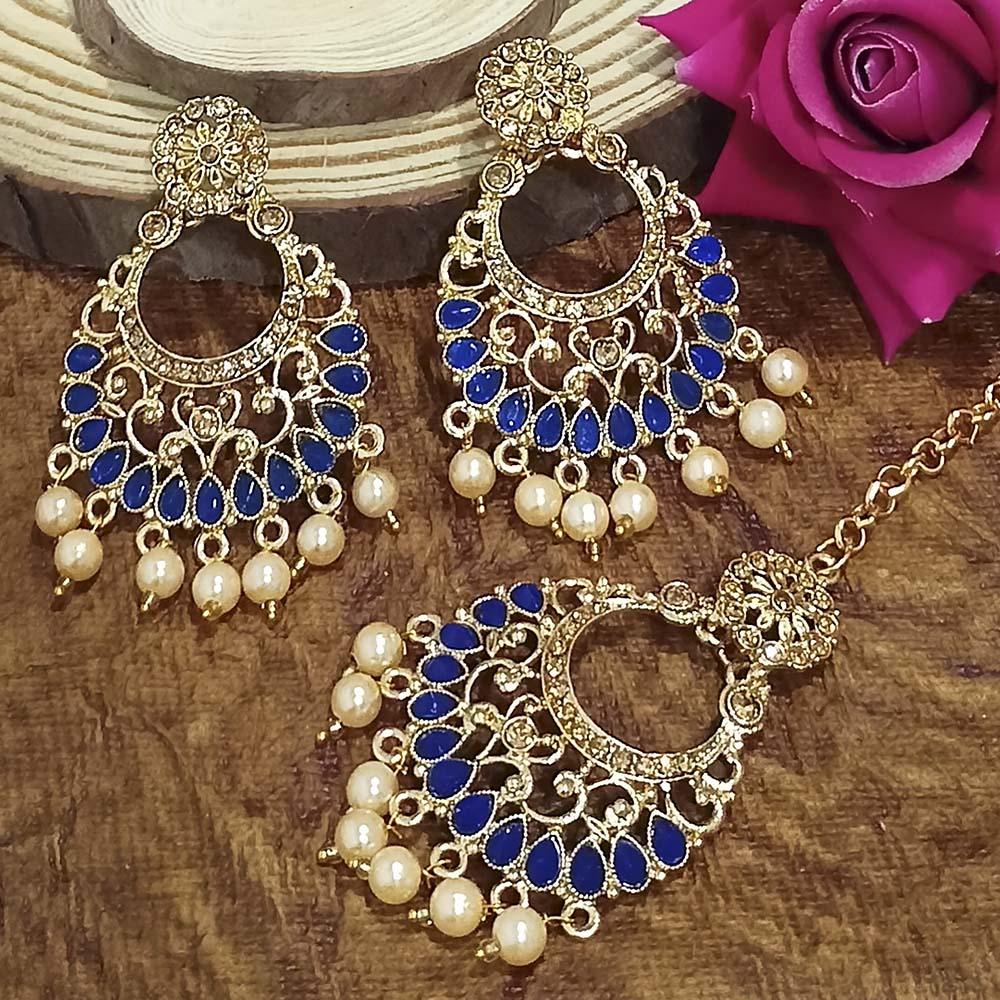 Adi Gold Plated Light Green Kundan And Stone Earrings With Maang Tikka - 1319201A