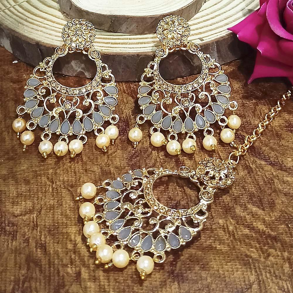 Adi Gold Plated Light Green Kundan And Stone Earrings With Maang Tikka - 1319201A
