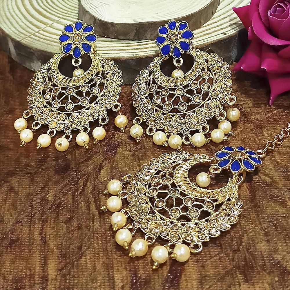 Adi Gold Plated Blue Kundan And Stone Earrings With Maang Tikka - 1319203C