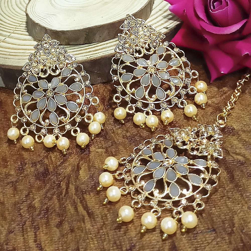 Adi Gold Plated Pink Kundan And Stone Earrings With Maang Tikka - 1319204D
