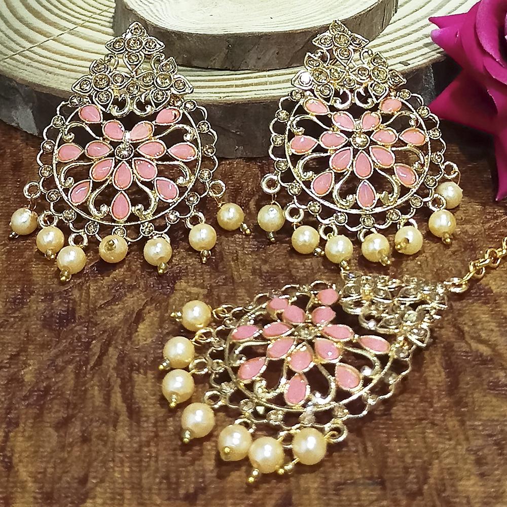 Adi Gold Plated Pink Kundan And Stone Earrings With Maang Tikka - 1319204D