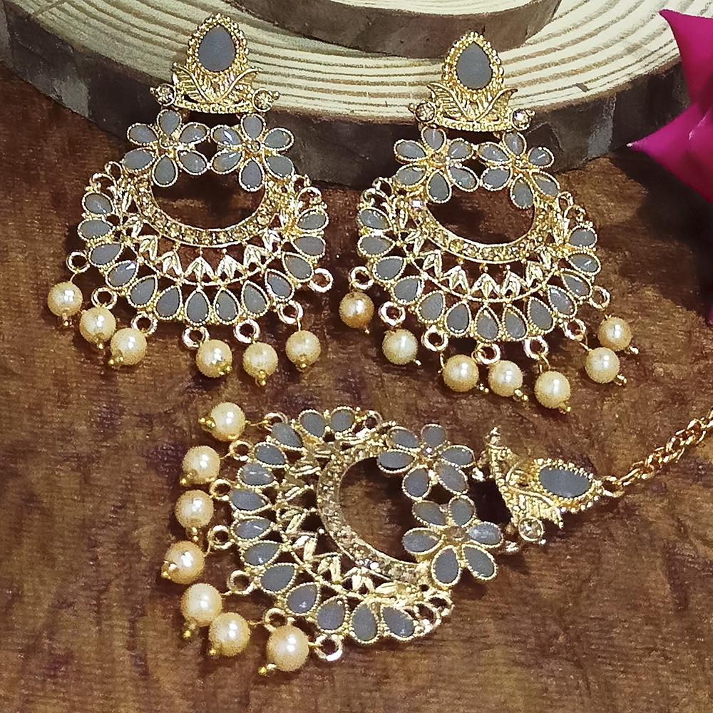 Adi Gold Plated Grey Kundan And Stone Earrings With Maang Tikka - 1319205E