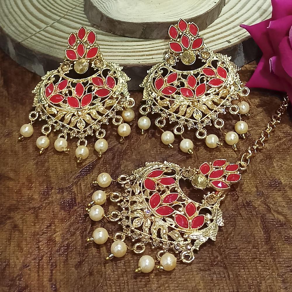 Adi Gold Plated Peach Kundan And Stone Earrings With Maang Tikka - 1319206F