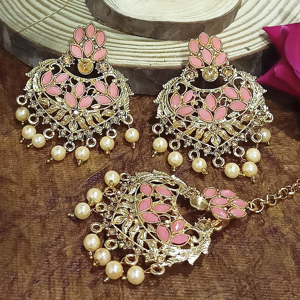 Adi Gold Plated Peach Kundan And Stone Earrings With Maang Tikka - 1319206F