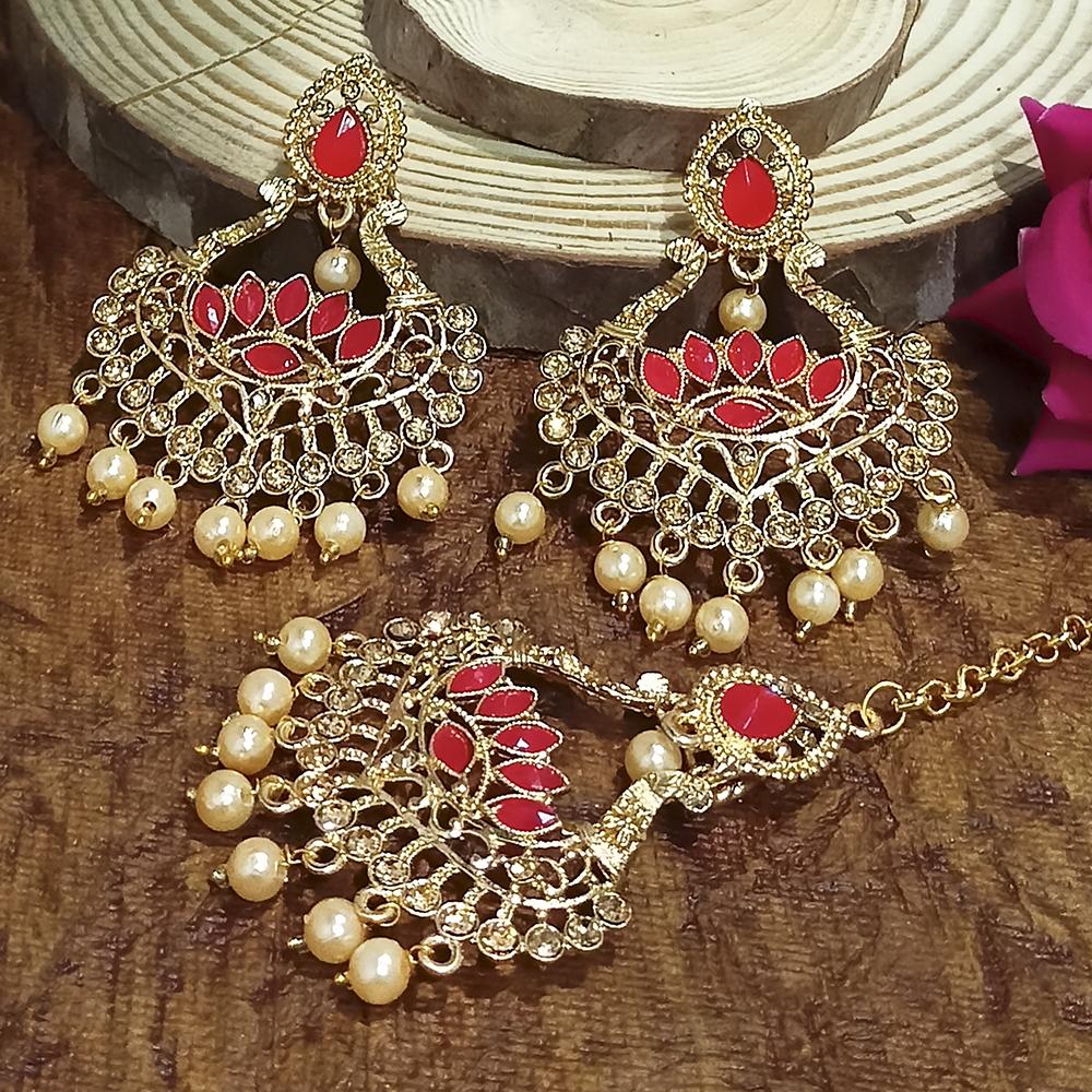 Adi Gold Plated Pink Kundan And Stone Earrings With Maang Tikka - 1319207D