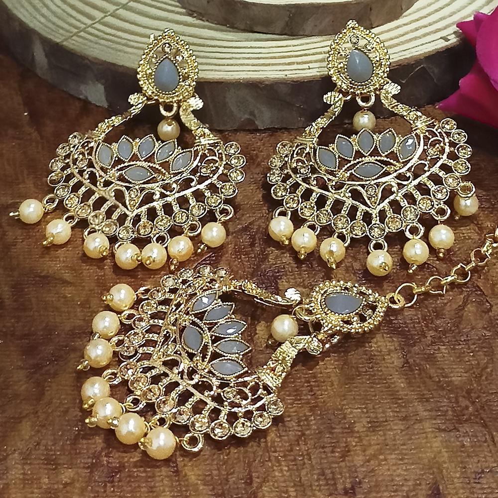 Adi Gold Plated Pink Kundan And Stone Earrings With Maang Tikka - 1319207D