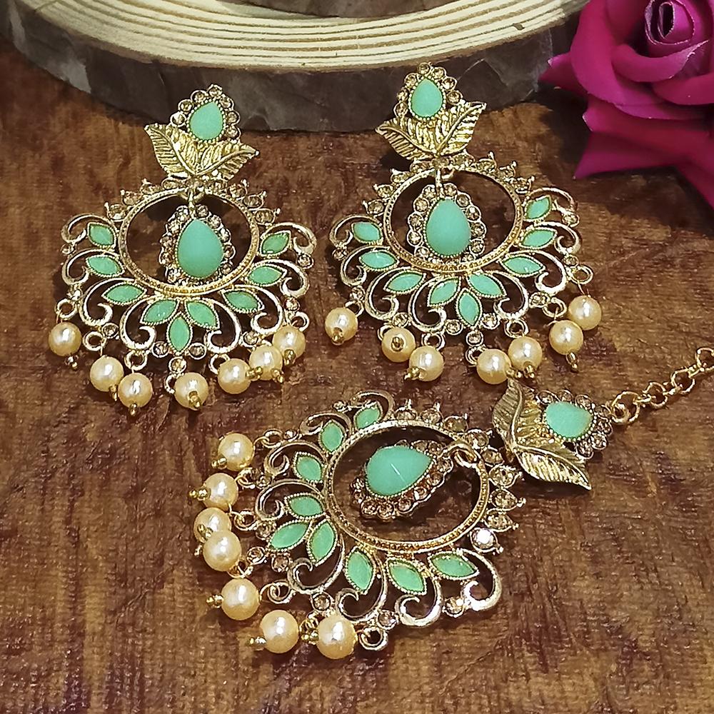 Adi Gold Plated Light Green Kundan And Stone Earrings With Maang Tikka - 1319211A