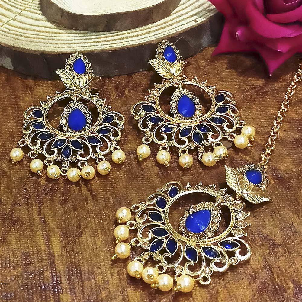 Adi Gold Plated Light Green Kundan And Stone Earrings With Maang Tikka - 1319211A