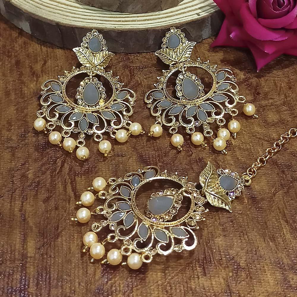 Adi Gold Plated Light Green Kundan And Stone Earrings With Maang Tikka - 1319211A