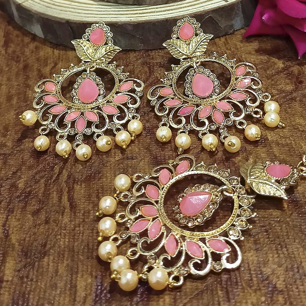 Adi Gold Plated Light Green Kundan And Stone Earrings With Maang Tikka - 1319211A