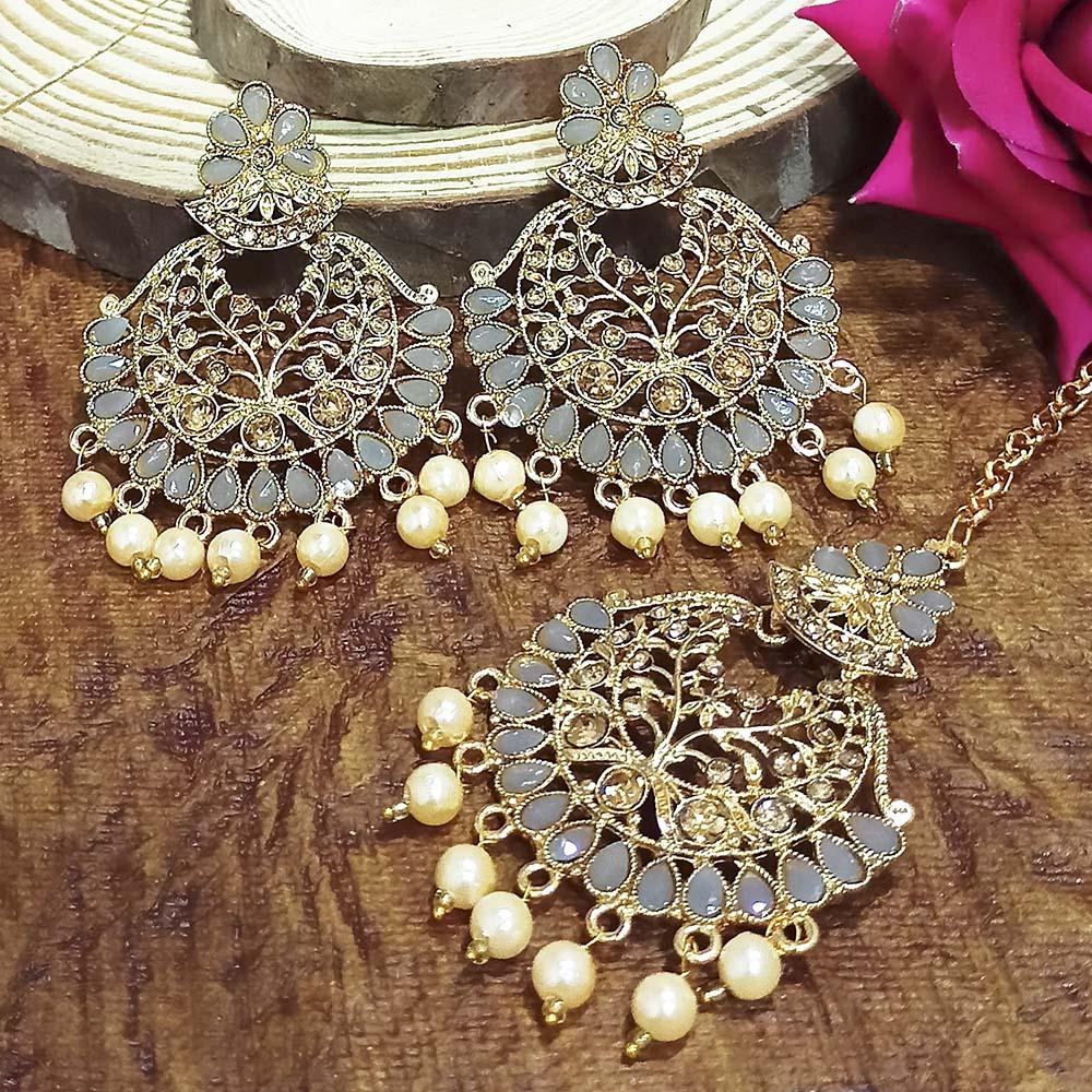 Adi Gold Plated Grey Kundan And Stone Earrings With Maang Tikka - 1319212E